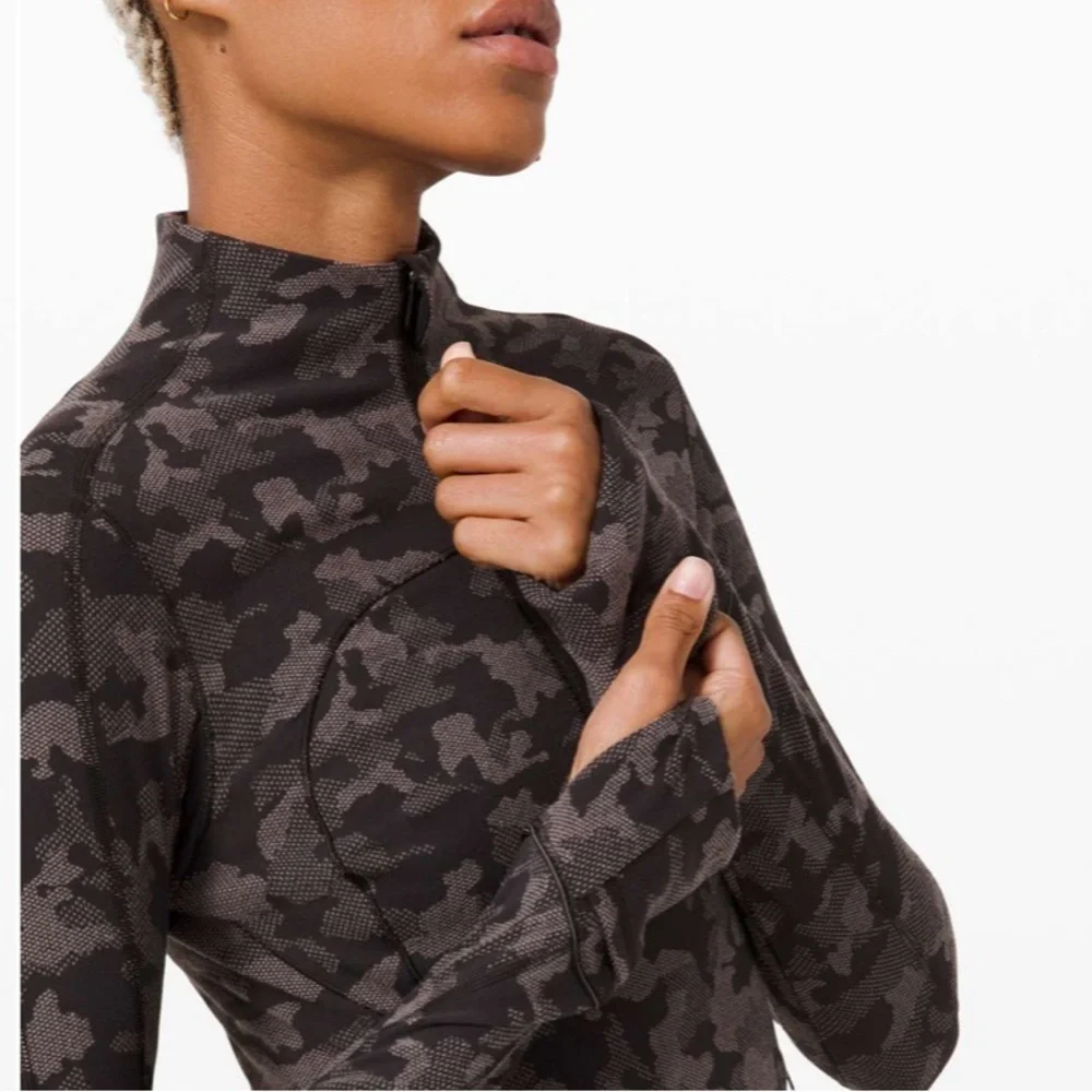 Lululemon Run Briskly 1/2 Zip Long Sleeve Shirt Camo Black Lunar Rock Size 6